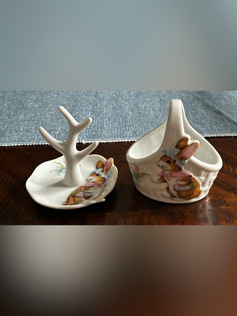 Vintage Bunny Ceramic Trinket Dish Set in White with Pastel Accents